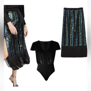 ZARA SHIMMER SEQUINS 
FRINGE MIDI SKIRT